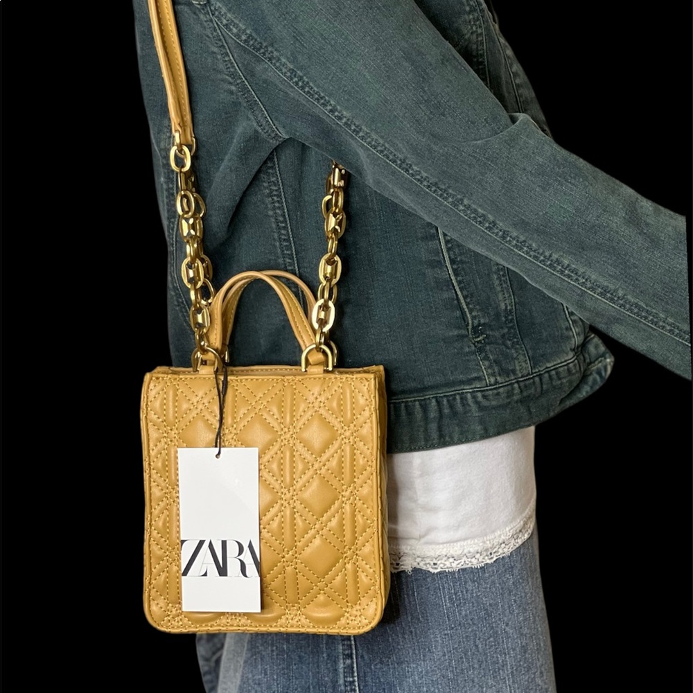 Zara Womens Shoulder Bag Quilt Mustard Yellow Mini Tote Crossbody Bag Purse New - Picture 8 of 15